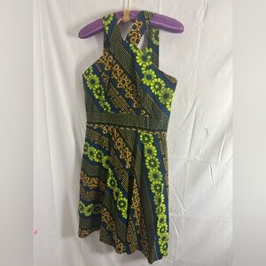 VTG Blue+Green African Print Halter Style Boho Midi Dress Women’s Size M